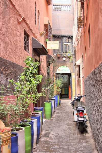 The narrow streets of the Medina in Marrakesh, Morocco