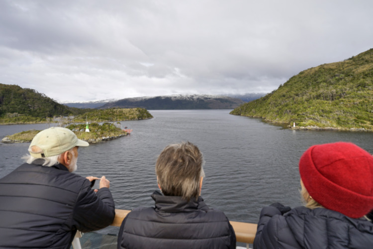 Approaching the dangerous White Narrows at the end of Kirke Canal, Chile