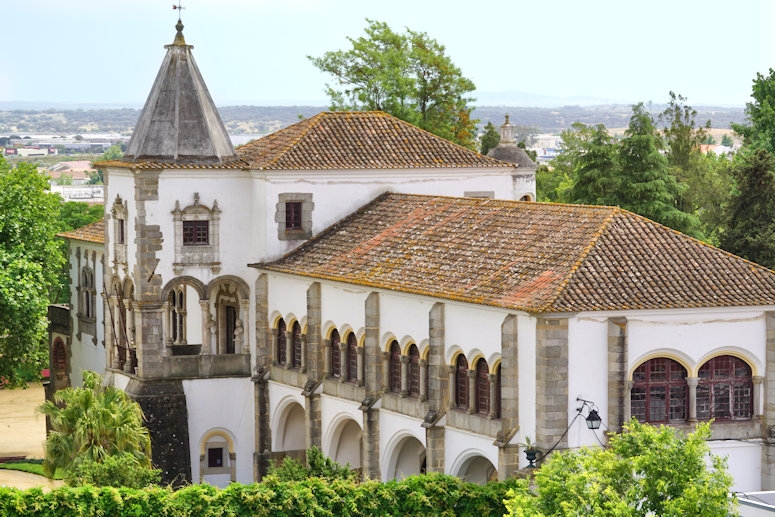 The Palace of the Dukes of Cadaval in Évora historic centre, Portugal, next-door to the Lóios Convent and Church and facing the Roman Temple of the Goddess Diana.