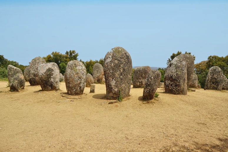 Almendres Cromlech standing stones, 10 km west of Evora, Portugal