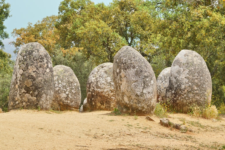 Almendres Cromlech standing stones, 10 km west of Evora, Portugal