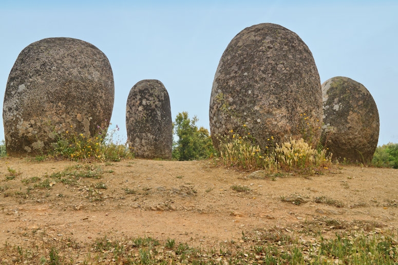 Almendres Cromlech standing stones, 10 km west of Evora, Portugal