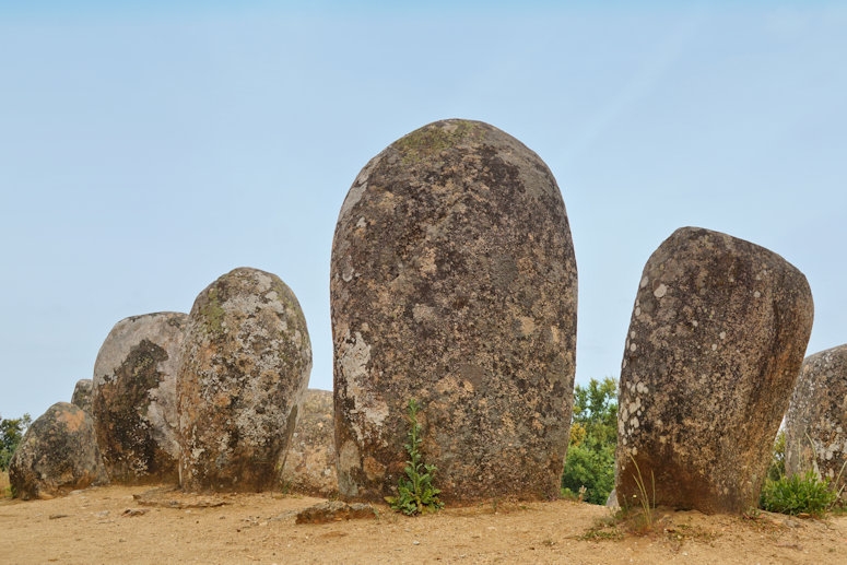 Almendres Cromlech standing stones, 10 km west of Evora, Portugal