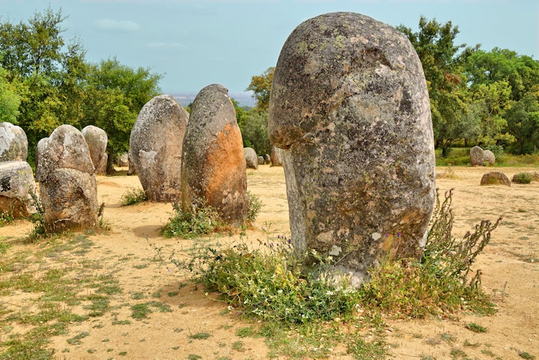 Almendres Cromlech standing stones, 10 km west of Evora, Portugal