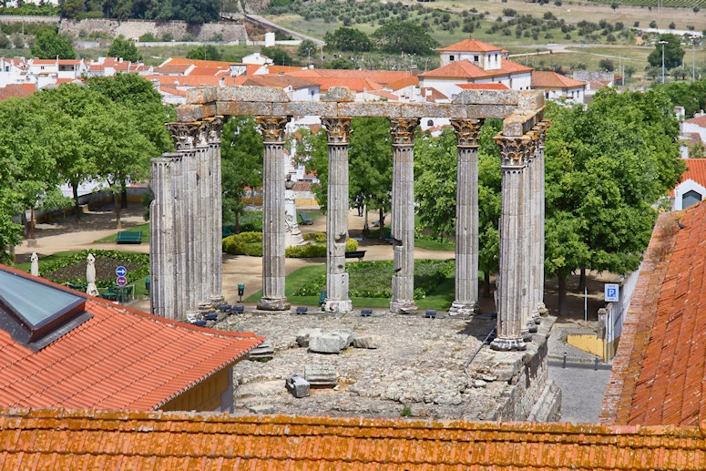 Roman Temple ruins viewed from the roof of the Cathedral of Évora, Portugal