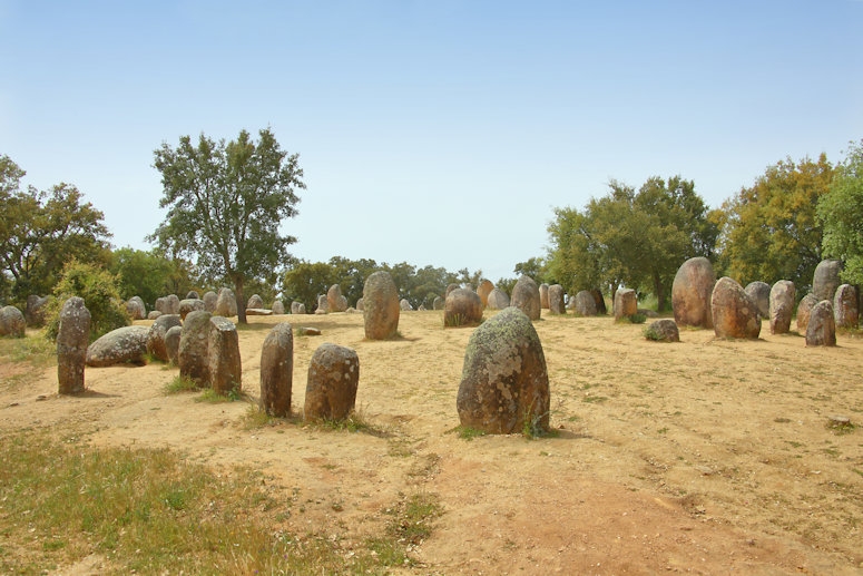 Almendres Cromlech standing stones, 10 km west of Evora, Portugal