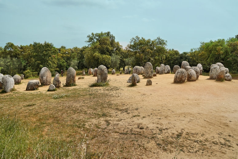 Almendres Cromlech standing stones, 10 km west of Evora, Portugal