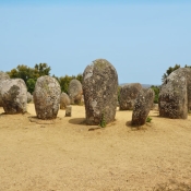 Almendres Cromlech standing stones, 10 km west of Evora, Portugal