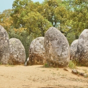 Almendres Cromlech standing stones, 10 km west of Evora, Portugal