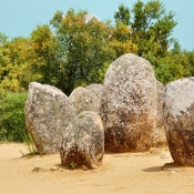 Almendres Cromlech standing stones, 10 km west of Evora, Portugal