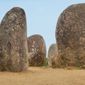 Almendres Cromlech standing stones, 10 km west of Evora, Portugal