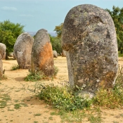 Almendres Cromlech standing stones, 10 km west of Evora, Portugal