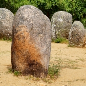 Almendres Cromlech standing stones, 10 km west of Evora, Portugal