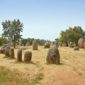 Almendres Cromlech standing stones, 10 km west of Evora, Portugal