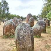 Almendres Cromlech standing stones, 10 km west of Evora, Portugal