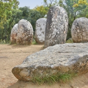 Almendres Cromlech standing stones, 10 km west of Evora, Portugal