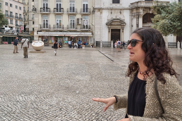 Our local guide in the square of the church Igreja de São Domingos. The square also has a memorium to a 1506 massacre of jews.