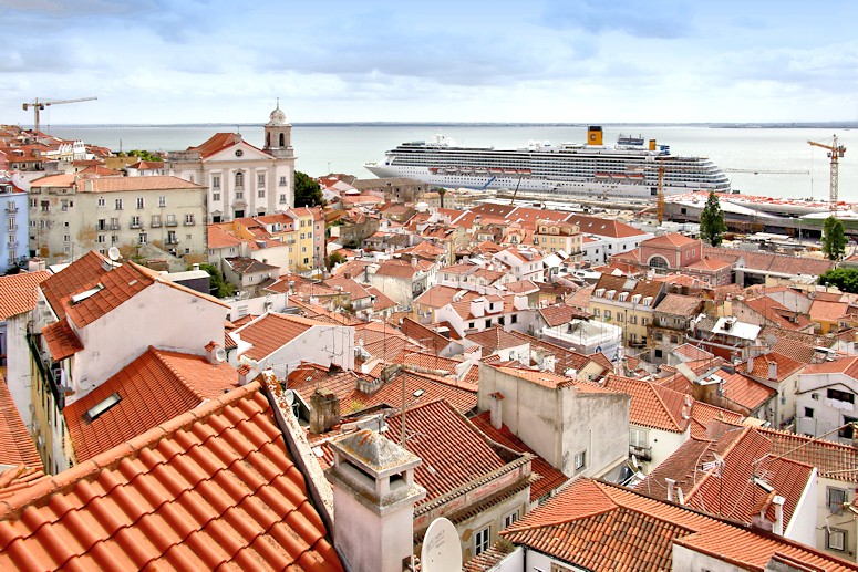 The lower portion of Alfama, the old quarter of Lisbon, facing the river Tagus