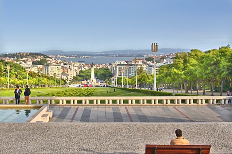 Looking across Marquis de Pombal Square to the Tagus Estuary, Lisbon