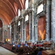 13th century church Igreja de São Domingos, Lisbon. Portugal. It is classified as a National Monument.
It was damaged by a 1531 earthquake and almost completely destroyed in the 1755 earthquake. 
In 1959 the church was devastated by fire, which killed 2 firefighters.
In 1994 the church reopened, retaining many signs of the fire.