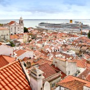 The lower portion of Alfama, the old quarter of Lisbon, facing the river Tagus