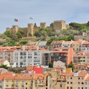 The higher portion of Alfama, the old quarter of Lisbon, with St George's castle at the peak