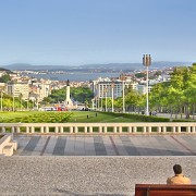 Looking across Marquis de Pombal Square to the Tagus Estuary, Lisbon