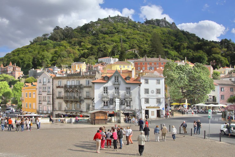 Sintra, near Lisbon, Portugal. Attractions: Sintra National Palace, mediaeval Castelo dos Mouros, Pena National Palace,  and the adjacent Sintra-Cascais Nature Park.